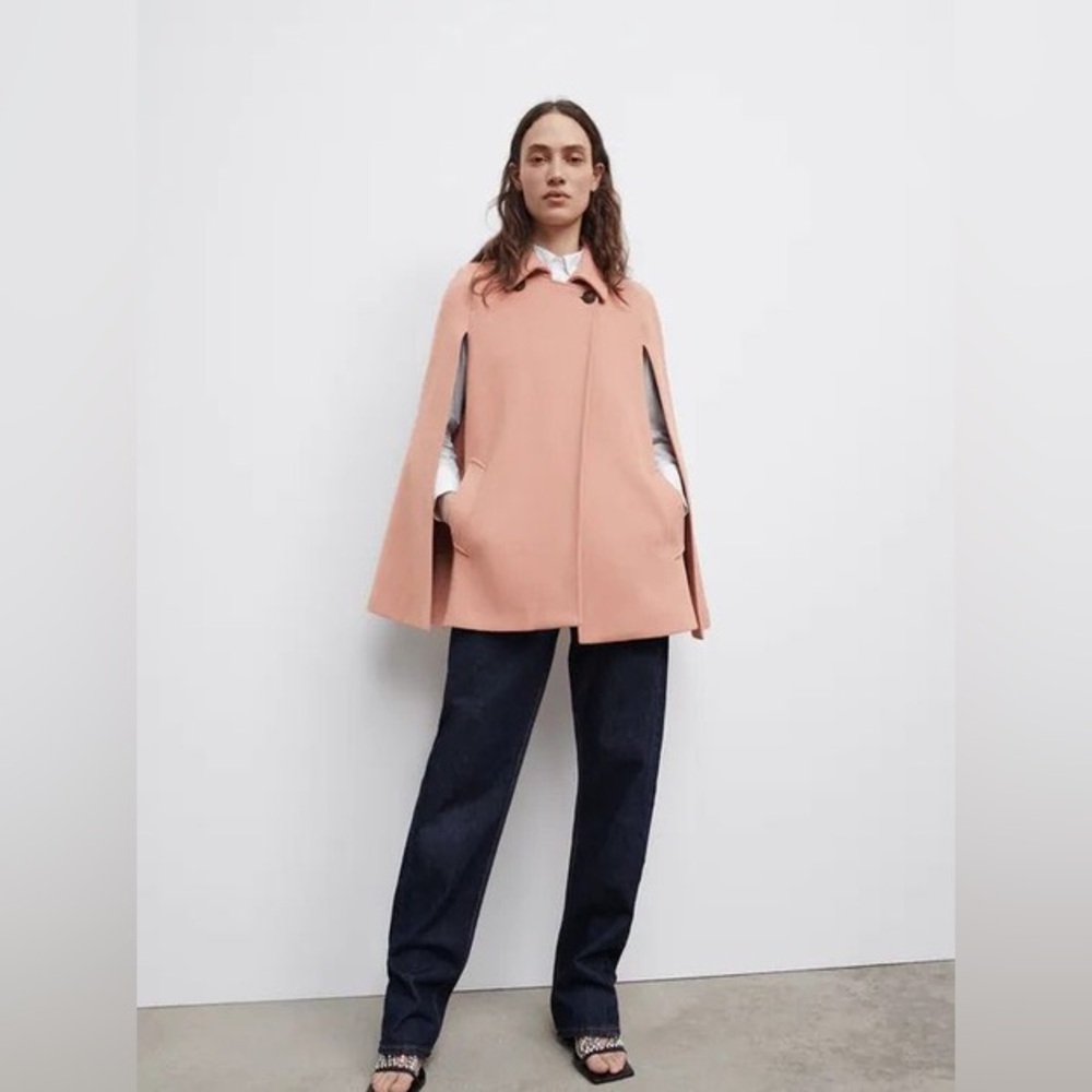 Zara Peach Poncho Cape Coat Jacket Wool Like